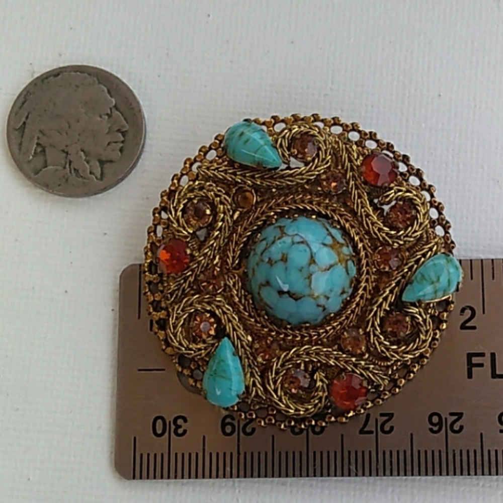 AUSTRIA Turquoise Topaz Tangerine Crystal Brooch - Picture 6 of 8